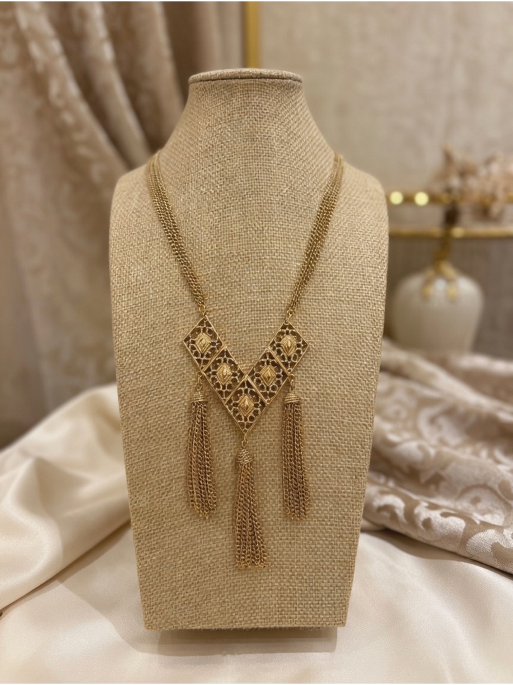 Vintage SARAH COVENTRY Gold Tone Filigree Tassel Necklace 24" Multi Strand